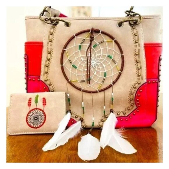 Boho Dreamcatcher Handbag Rustic Western Studded Shoulder Purse Bag - Picture 3 of 15